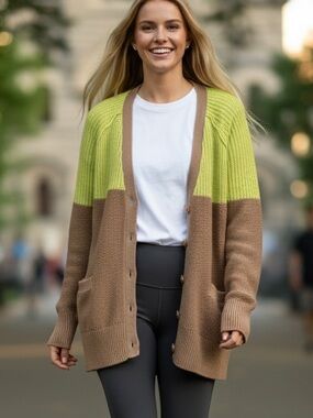 American Eagle Outfitters Lime & Taupe Knit Cardigan - Size M